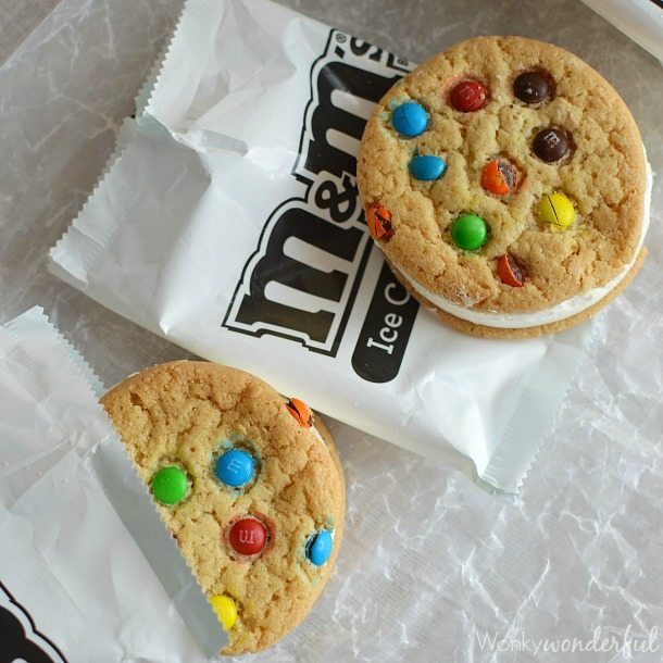 two unwrapped m&m cookie ice cream sandwiches