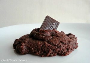 close up of chocolate cookie with mint square sticking out