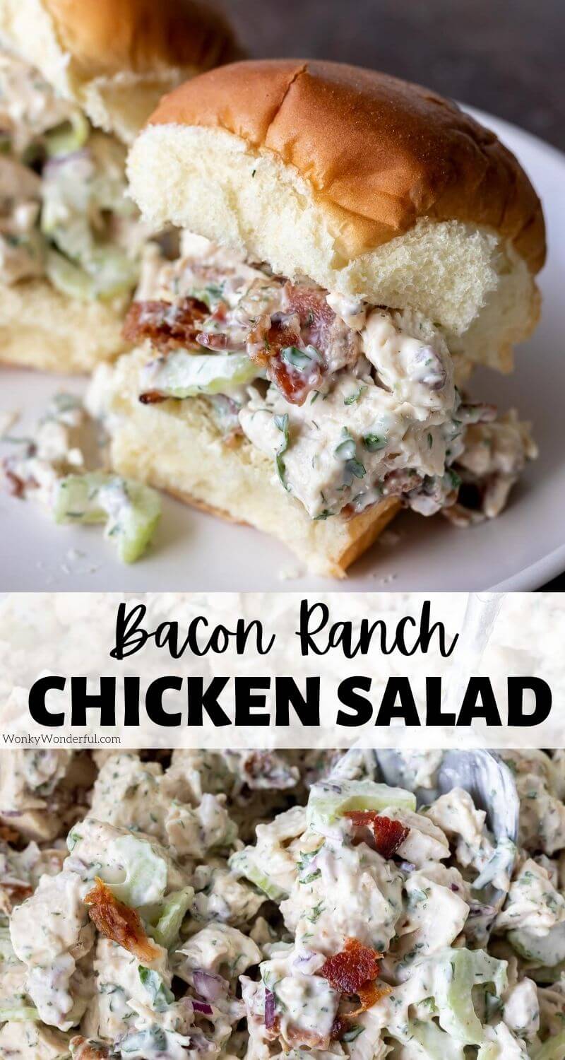 bacon ranch chicken salad pinnable image with title text