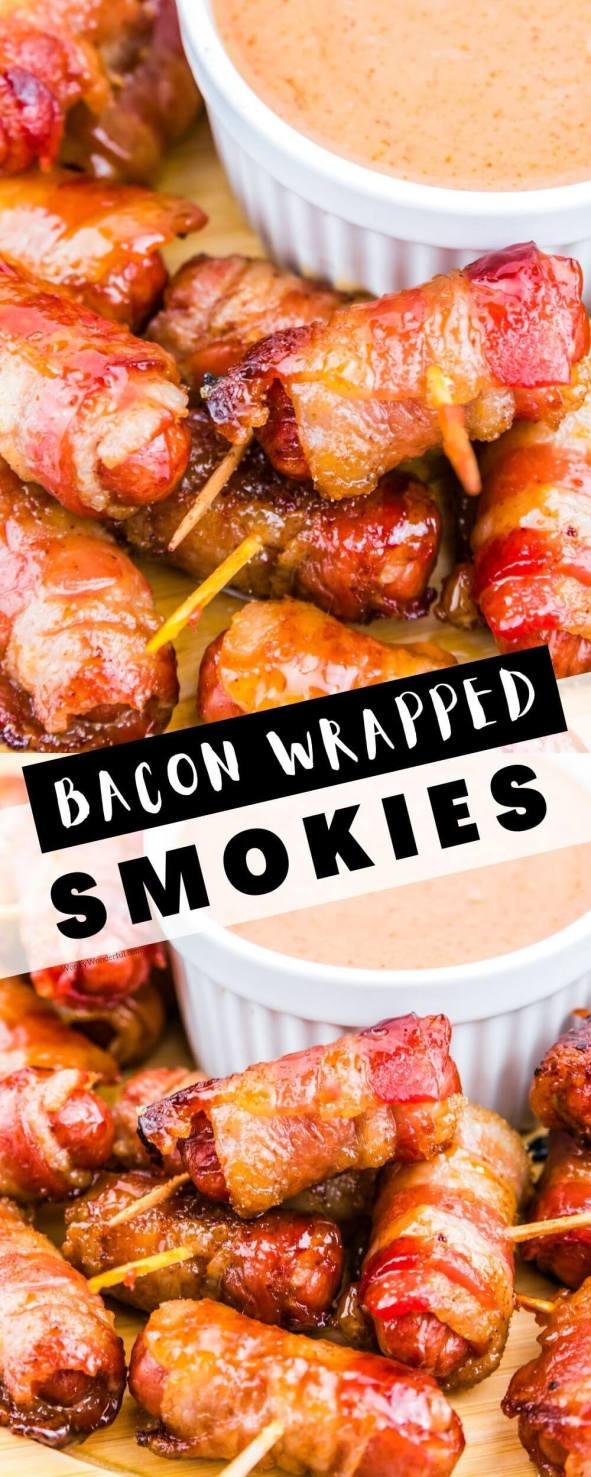 bacon wrapped smokies pinnable image with title text