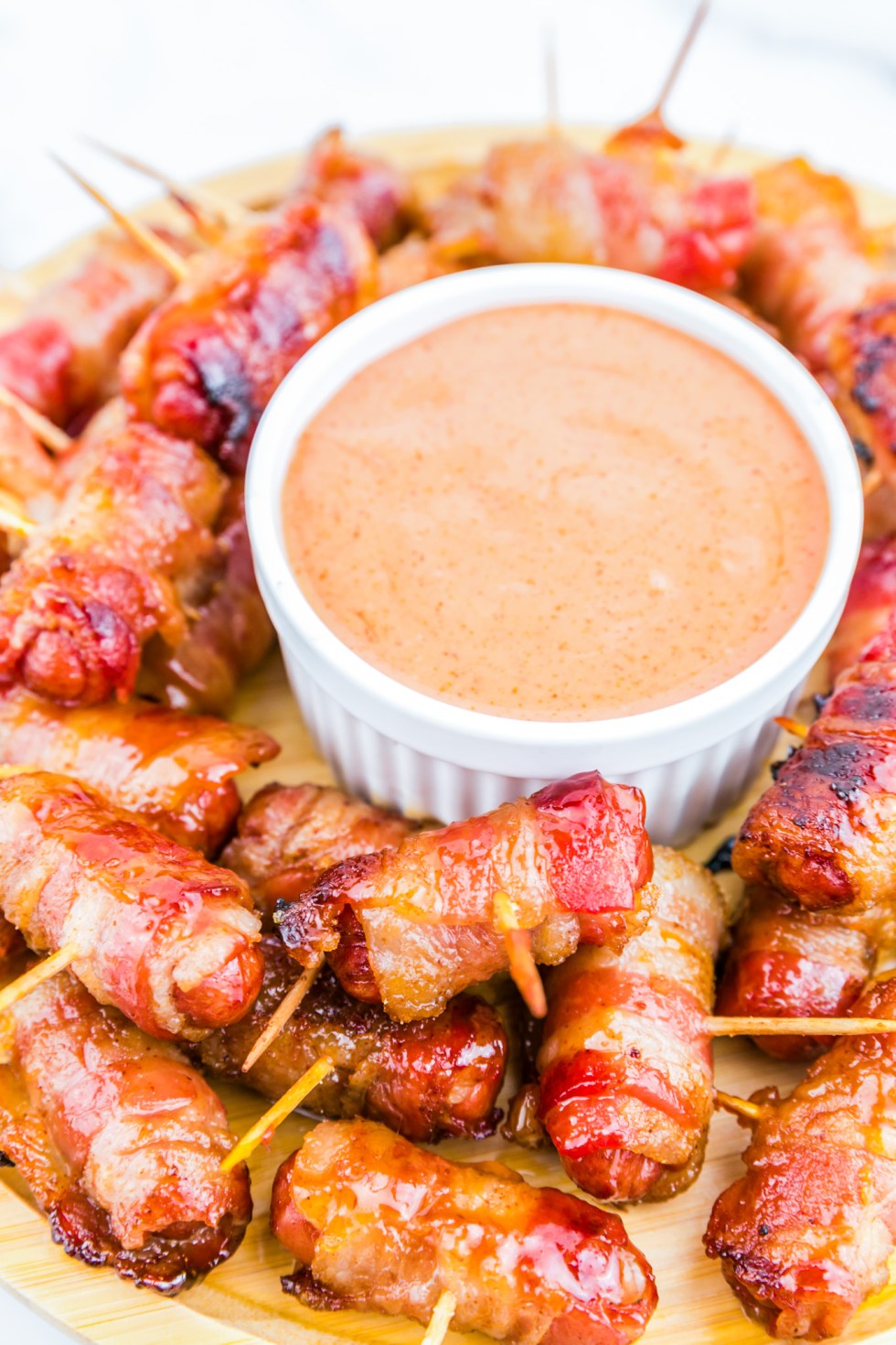 lil smokies wrapped with bacon served with dip