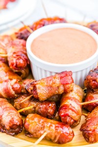 prepared smokies in bacon served with spicy mayo dip