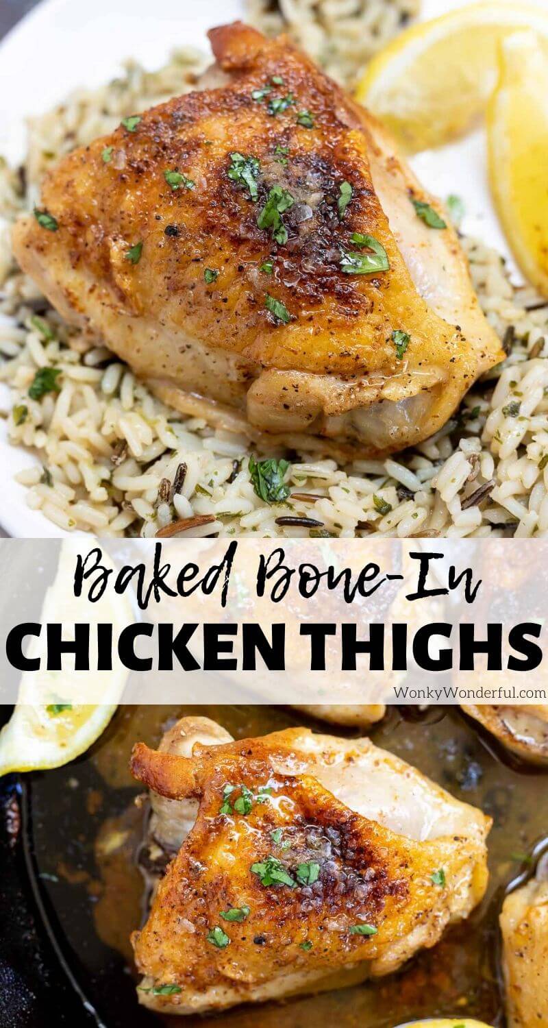 Easy Baked Bone In Chicken Thighs pinnable photo collage with recipe title text