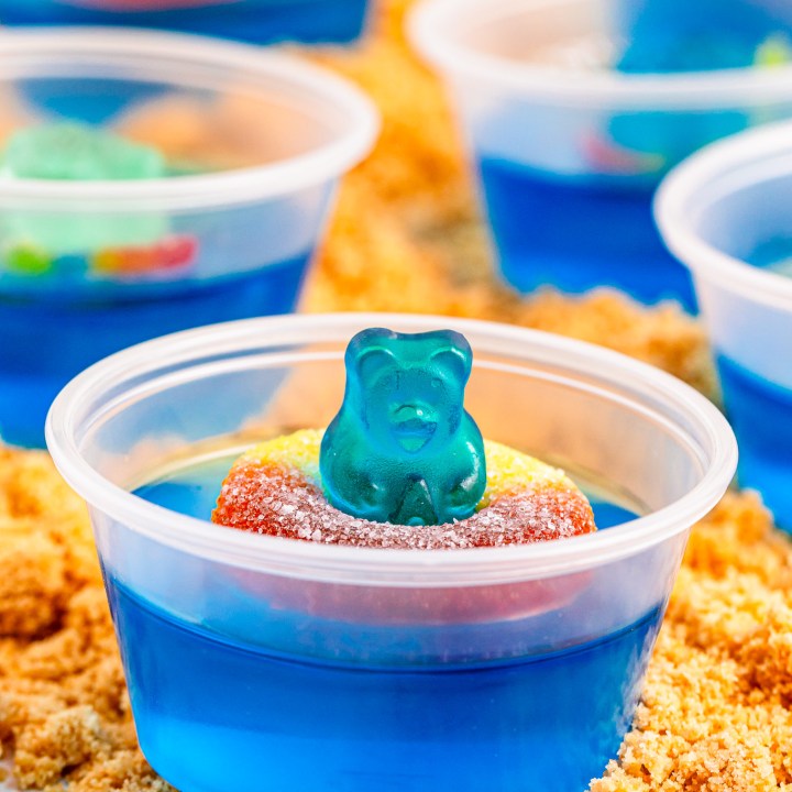 blue gummy bear in gummy ring