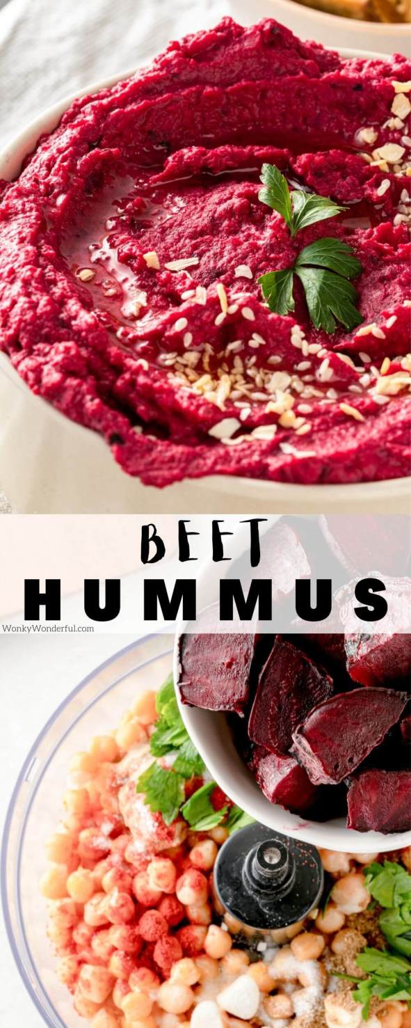 beetroot hummus pinnable image with title text