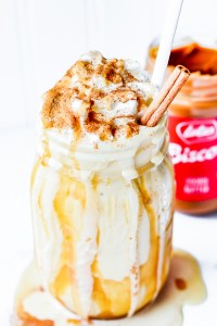 prepared milkshake next to cookie butter jar