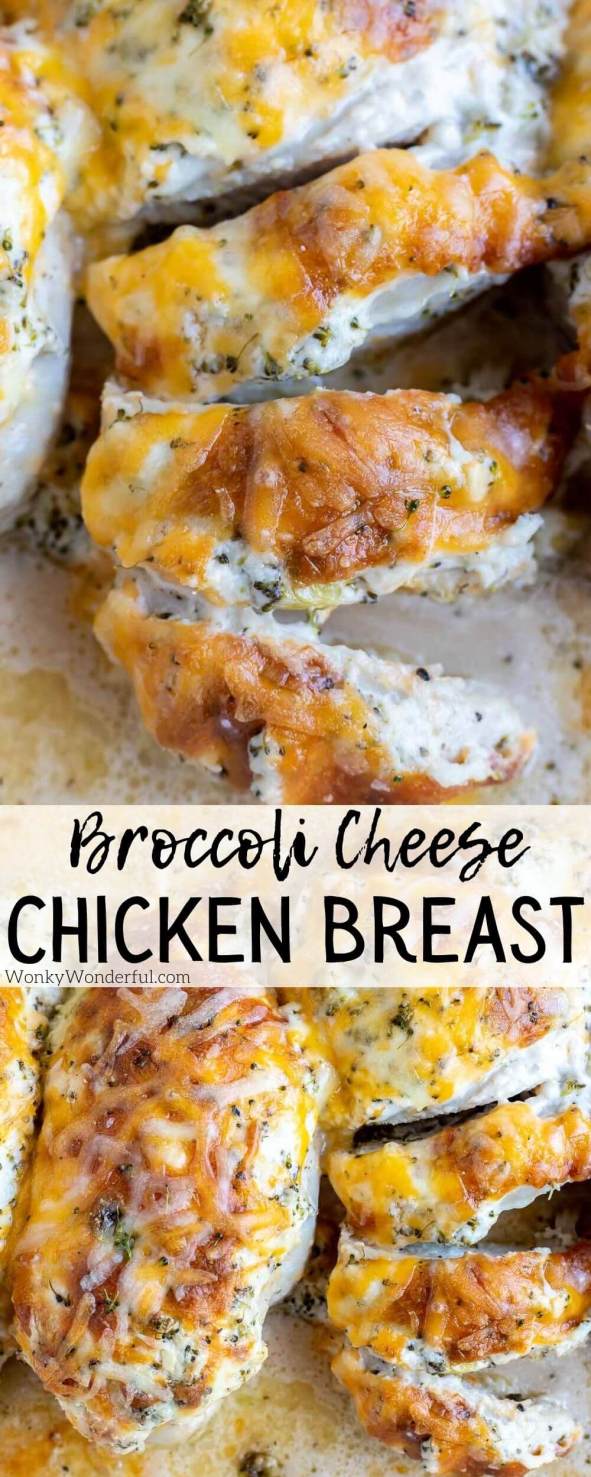 broccoli cheese chicken breast recipe pinnable image with title text