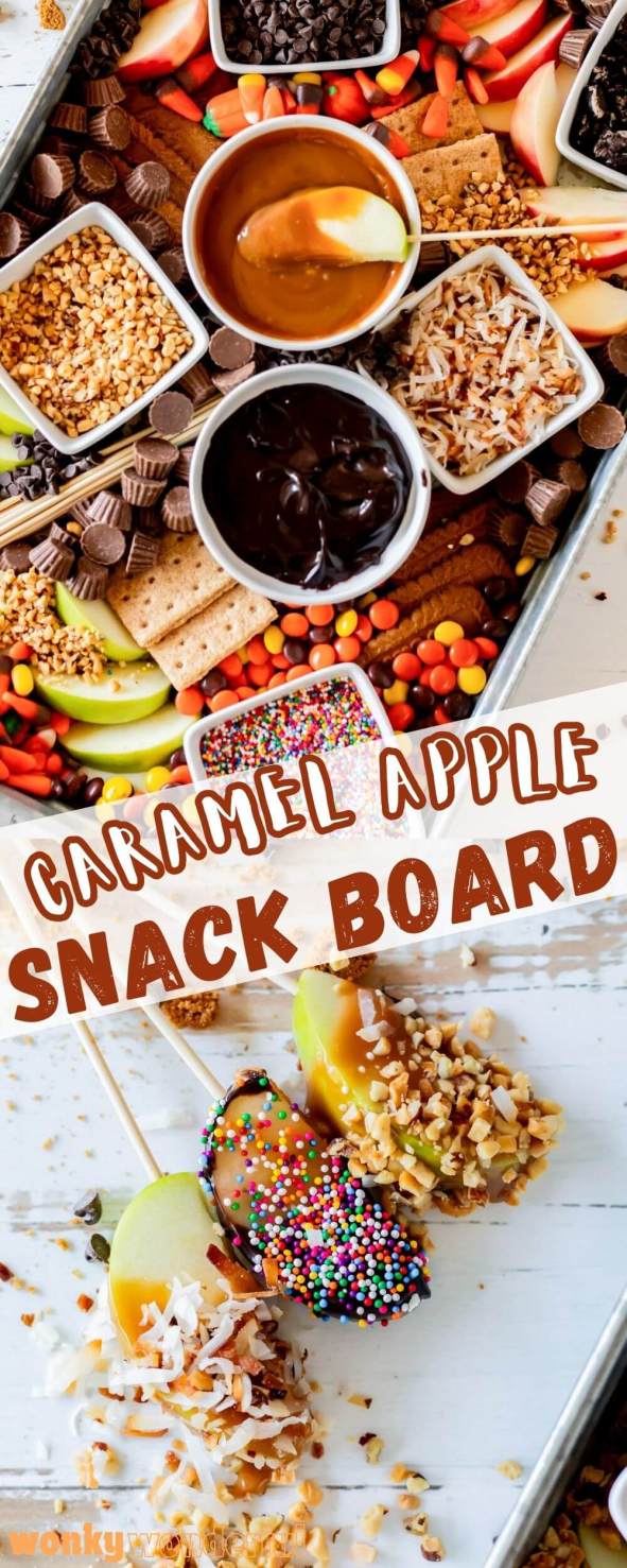 caramel apple charcuterie board pinnable image