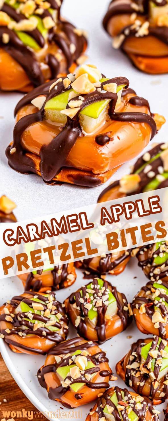 caramel apple pretzel bites pinnable image