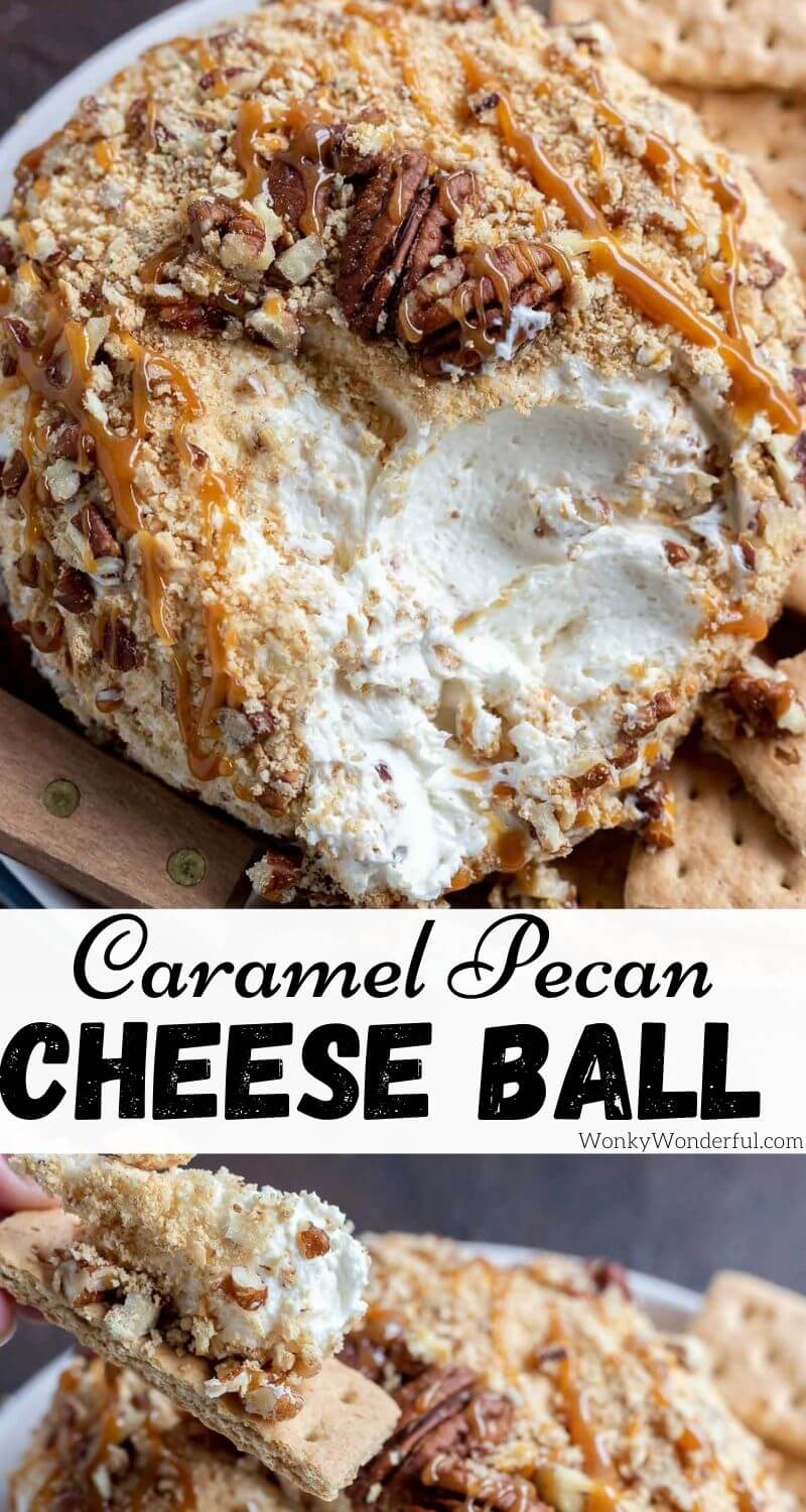 caramel pecan cheesecake dessert cheese ball pinnable image with title text