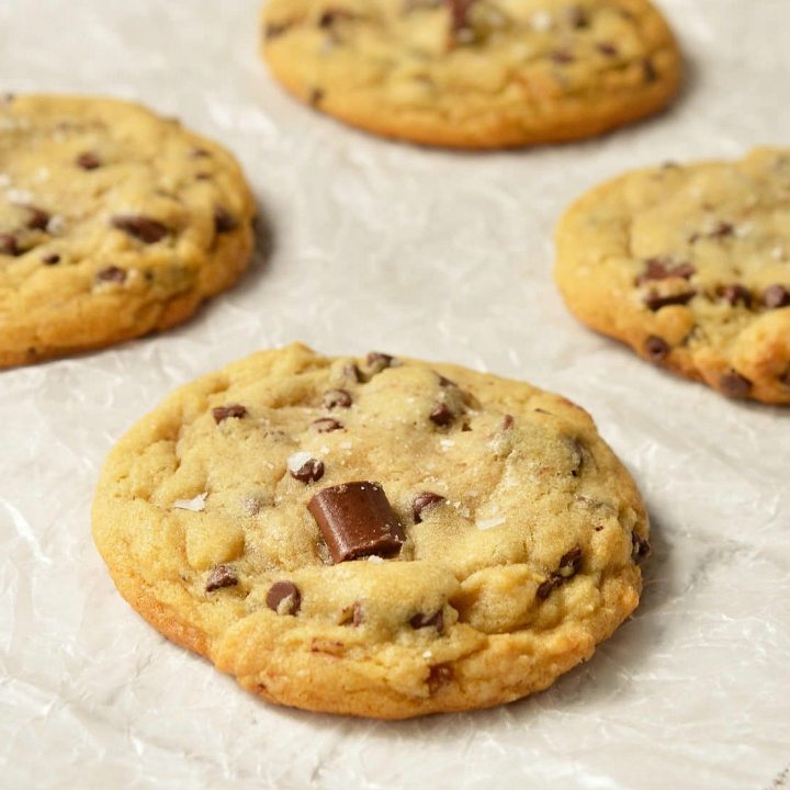 close up of soft cookie with chocolate chunks