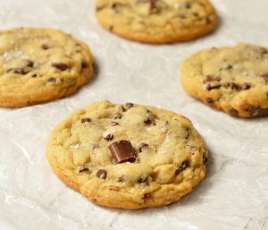 close up of soft cookie with chocolate chunks