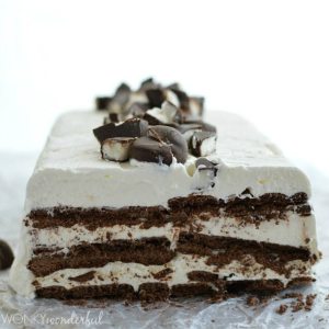 sliced cake showing layers of brown and white inside