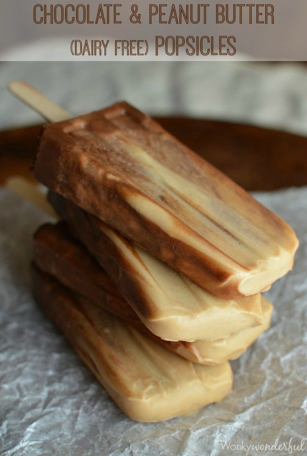 brown and tan popsicles in a stack - photo text: chocolate peanut butter dairy free popsicles