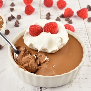 chocolate mousse in white dish with spoon