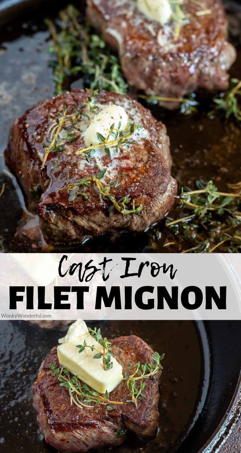 cooking filet mignon cast iron pinnable image with title text