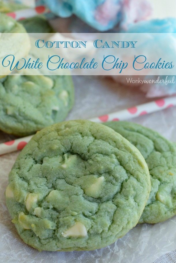 light blue cookies with cotton candy in background - photo text: cotton candy white chocolate chip cookies