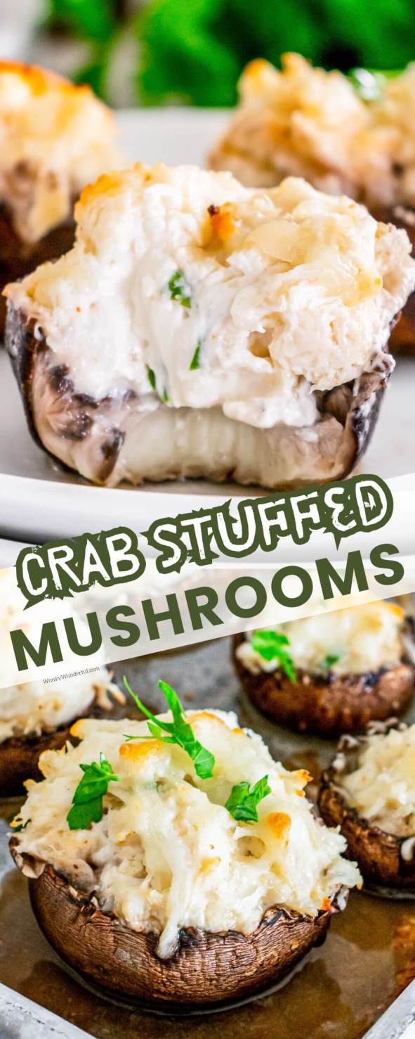 crab stuffed mushrooms pinnable image