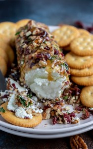 goat cheese log covered in pecans, cranberries and honey next to crackers