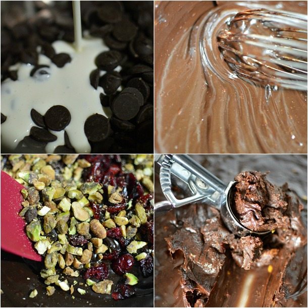 collage of prep photos: chocolate chips and cream, melted chocolate, nuts and cranberries, scoop in chocolate