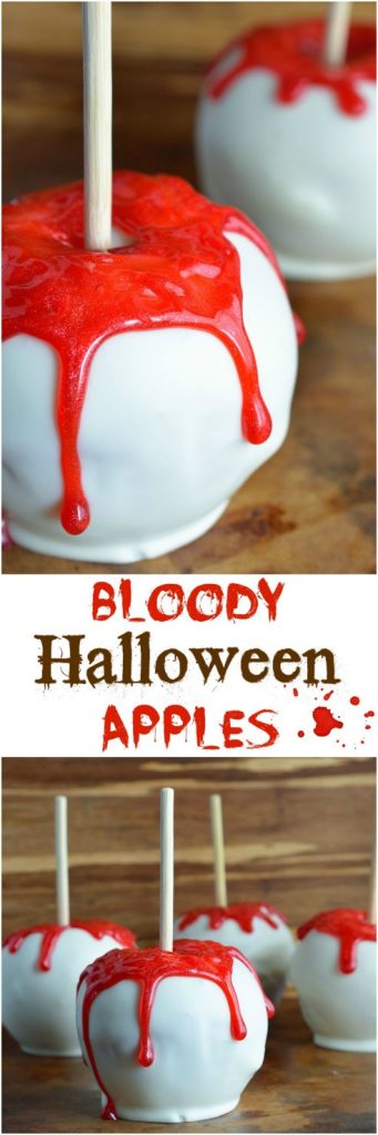 Bloody White Chocolate Apples are quick, easy and SPOOKY! This fun Halloween recipe will be a hit with kids and adults! Your Halloween Party guests will be screaming for more!