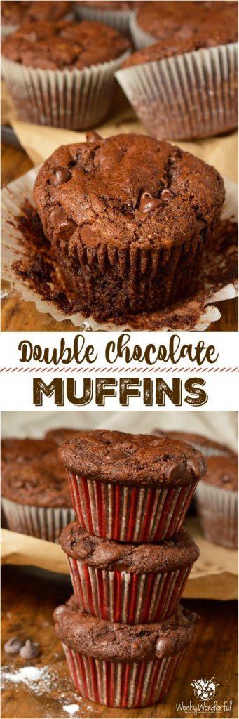 Inspired by Costco Jumbo Chocolate Muffins, these Double Chocolate Chip Muffins are even better! Quality Dutch-processed cocoa and a generous amount of chocolate chips make this the ultimate chocolate lover's recipe. What's better than eating chocolate cake for breakfast!?!? #chocolatemuffins #muffinrecipe #muffins