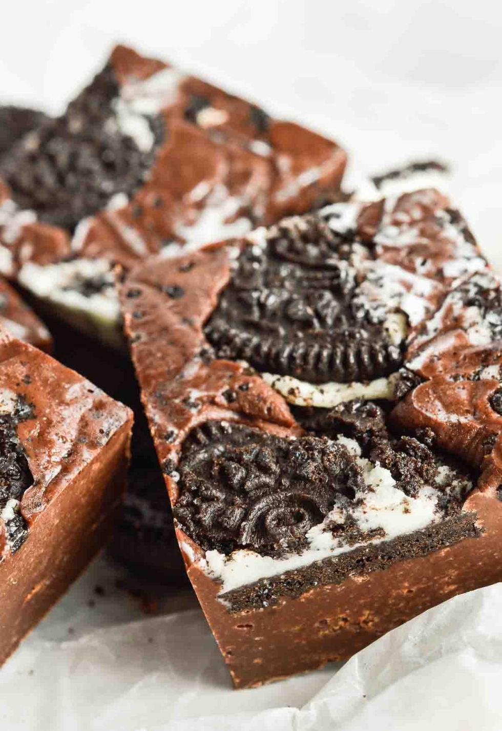 chunks of Oreo in chocolate fudge square