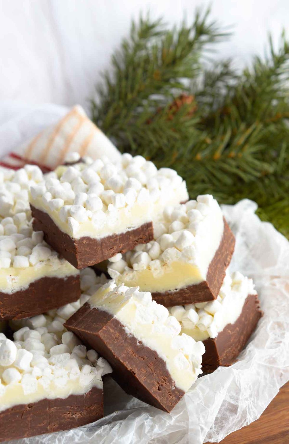 dark and white chocolate layered fudge topped with marshmallows