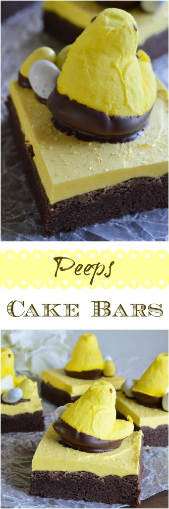 Peeps Chocolate Cake Bars Recipe - This fun and easy treat is perfect for an Easter Dessert! Delicious bars made with cake mix and topped with buttercream frosting. Decorate with Peeps and Robin's Eggs!