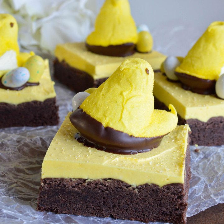 Peeps Chocolate Cake Bars Recipe - This fun and easy treat is perfect for an Easter Dessert! Delicious bars made with cake mix and topped with buttercream frosting. Decorate with Peeps and Robin's Eggs!