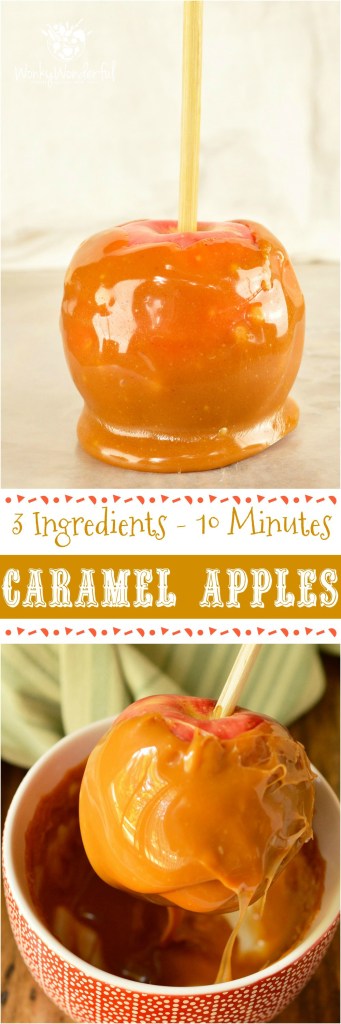 Make this favorite Fall dessert with just 3 ingredients in less than 15 minutes! This Easy Pumpkin Spiced Caramel Apples Recipe is great for Harvest festivals, holiday celebrations or as a Halloween treat. The kids can even help make this fun dessert! #halloween #pumpkinspice @wonkywonderful