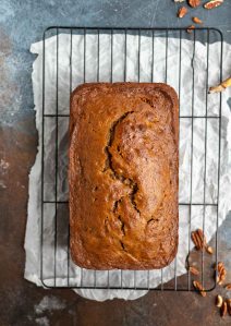 fresh baked banana bread on cooling rack