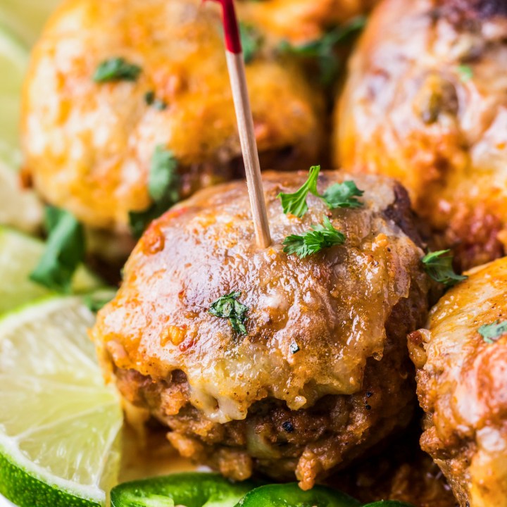 prepared meatball skewered with toothpick