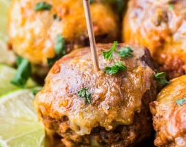 prepared meatball skewered with toothpick