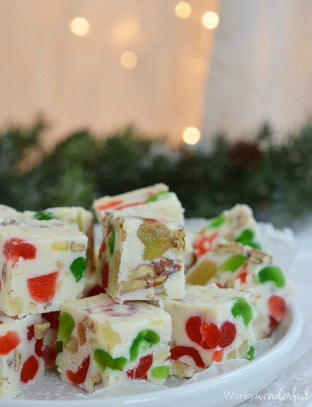 fruit and nut fudge served on white plate