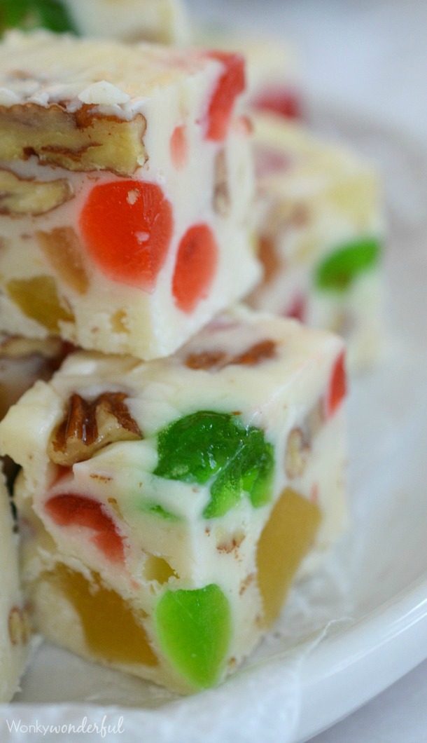 white chocolate fudge squares with nuts and jeweled fruit