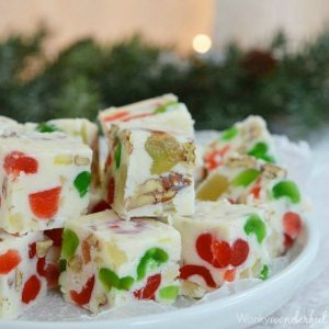 fruit and nut fudge served on white plate