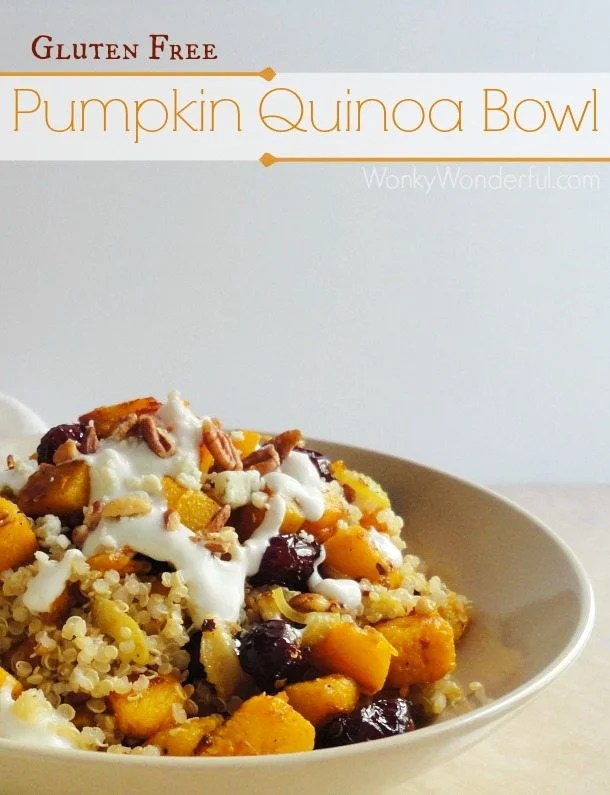 quinoa, pumpkin, pecan and cranberries in beige bowl, photo text: gluten free pumpkin quinoa bowl