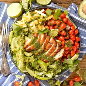 overhead view of salad next to two forks