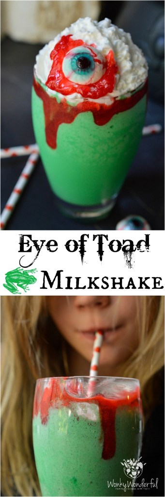 Make this Eye of Toad Halloween Milkshake Recipe for all of your creepy little monsters! This Halloween dessert is made with cookies and cream ice cream, green coloring, whipped cream, red blood gel and topped with a gummy eyeball. This fun recipe is kid approved!