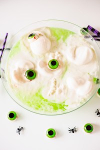 green punch with white ice cream and gummy eyeballs