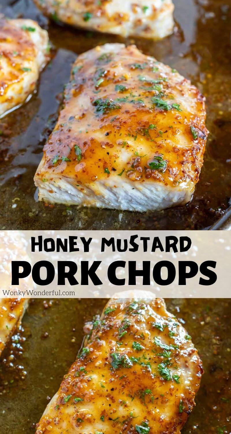 honey mustard pork chops in oven pinnable image with title text