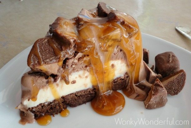 slice of brownie ice cream pie drizzled with caramel