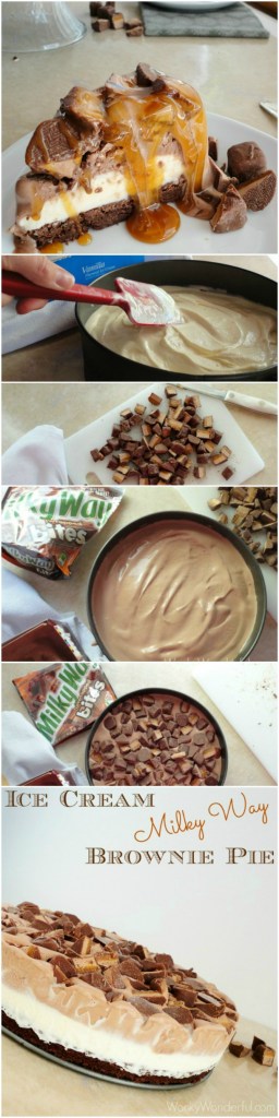 Ice Cream Milky Way Brownie Pie pinnable photo collage with recipe title text