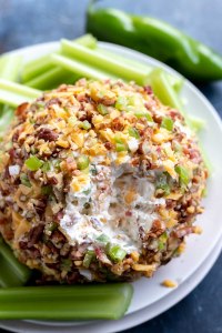 cheese ball surrounded by celery served on white plate