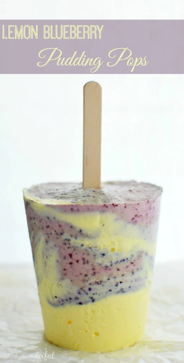 yellow and blue specked frozen popsicle with stick - photo text: lemon blueberry pudding pops