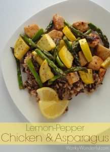 yellow squash, asparagus, rice and chicken on white plate