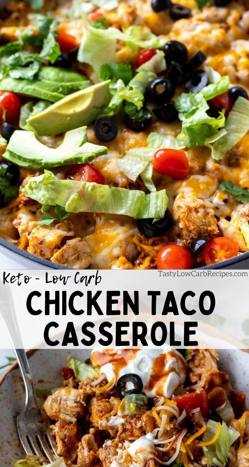 low carb chicken taco casserole pinnable image with title text