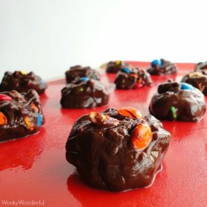 round cookie dough mounds with candy and pretzels showing