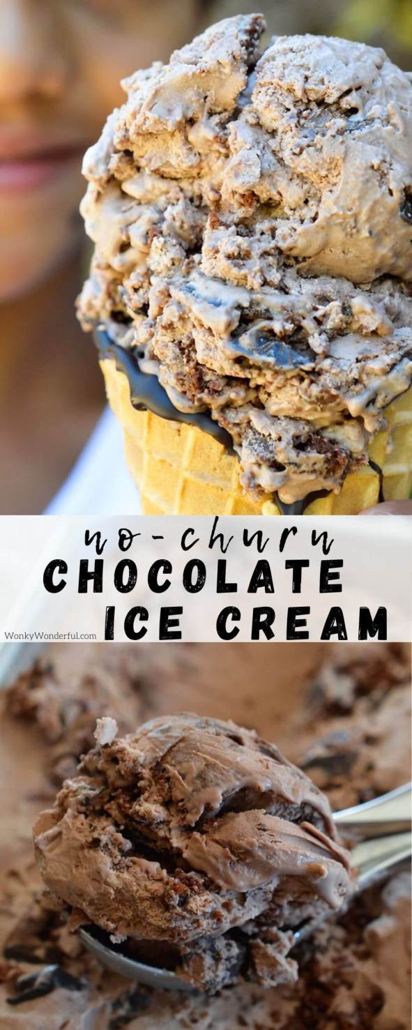 no churn chocolate ice cream pinnable image with title text